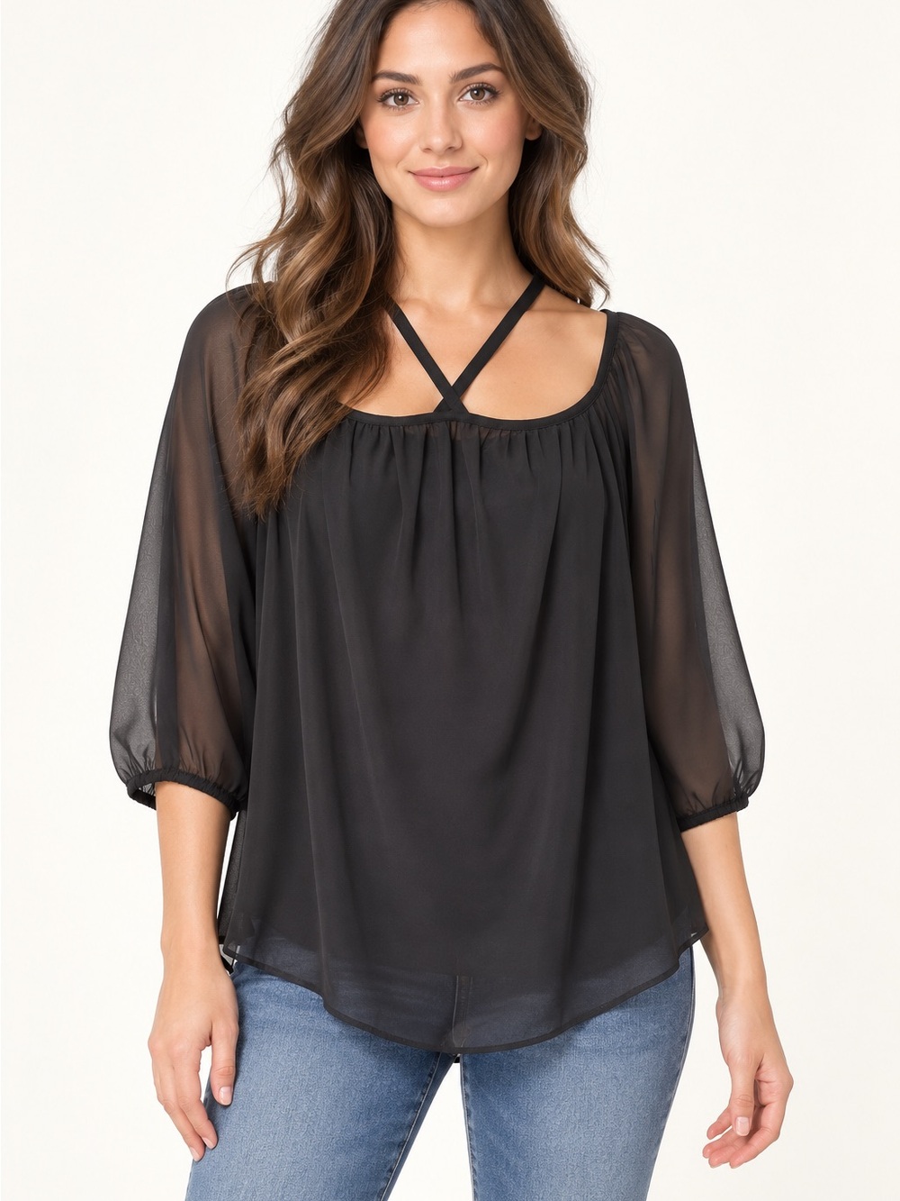 Yen Van Black Sheer Chiffon Crisscross Neck Blouse Medium